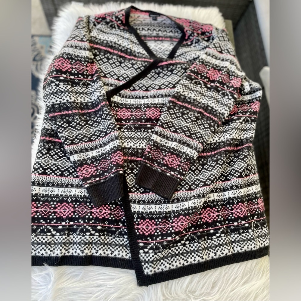 Torrid - Fair Isle Black Pink Open Front Drape Cardigan Sweater - Size 2 / 2X - Picture 2 of 8